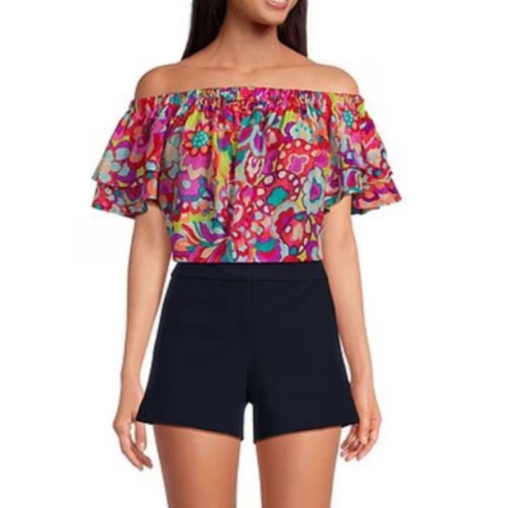 Trina Turk Silia Silk Summer Floral Print Off-The-Shoulder Tiered Sleeve Top